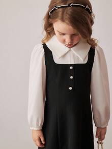 PrepCrw Young Girls' Preppy Style Color Block 2 In 1 Shirt Collar Long Sleeve Dress Fall Winter - Black and White - View 6
