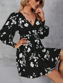 SHEIN Clasi Women's Fashion Casual Printed V-Neck Waist Cinched Short Dress - Black - View 7