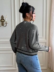 Vionelle 大码纯色圆领亮片休闲针织开衫 - 灰色 - 查看 2