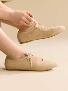 CUCCOO EASI Apricot Faux Suede Lace-Up Comfortable Ballet Flats - Apricot - View 3