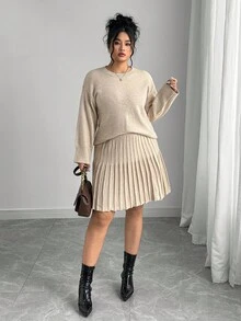 Elenzga Solid Color Crew Neck Knit Top + Pleated Skirt Minimalist Plus Size Sweater Dress Set - Khaki - View 6