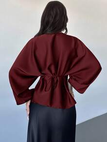 Firerie 女士新款优雅浪漫休闲都市通勤百搭圆领蝙蝠袖长袖衬衫，适合教师穿着，秋季红色上衣 - 酒紅色 - 查看 2