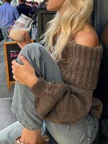 INAWLY 女士纯色露肩长袖简约毛衣、休闲日常、长袖上衣