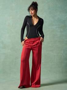 VARSIVA 女式纯色翻领长袖休闲健身连体裤 - 黑色 - 查看 2