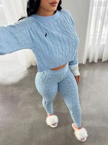 SHEIN SXY 女款休閒學院風水藍色拼接刺繡長袖上衣與內搭褲套裝，秋冬居家旅行毛衣套裝 - 藍白色 - 查看 6