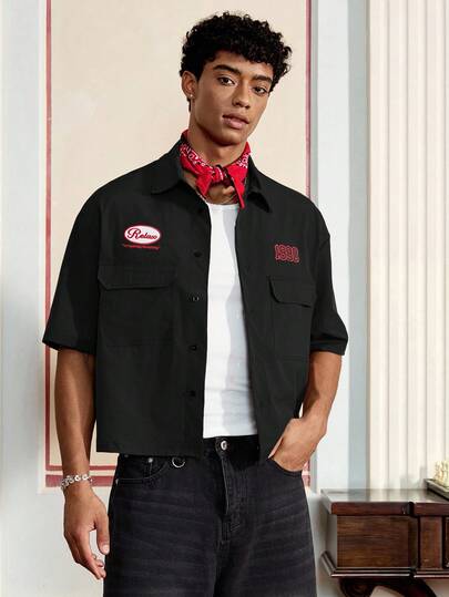 SWAVVY 男士休闲字母刺绣实用短袖衬衫，夏季