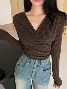 DAZY Women's Warm Fleece Crossed T-Shirt, Fall Clothes Long Sleeve Women Tops, Thermal Lined,Winter