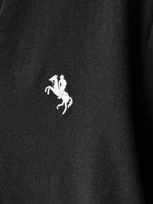 少女白色百搭方形 V 领长袖 T 恤，设计师风格，夏季休闲图案刺绣 Polo 衫，齐腰长款，修身剪裁，干净女孩 - 黑色 - 查看 4