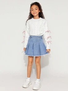 Radiana Tween Girls的y2k款實色褶皺生邊牛仔短裙,適合春夏波西米亞搭配 - 淺色水洗藍 - 查看 7