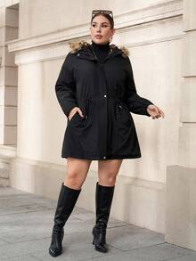 SHEIN Clasi Plus Size Women Leopard Print Lined Long Sleeve Zip Front Drawstring Waist Hooded Parka Jacket,Black,Autumn,Casual,Hiking Warm Outerwear With Pocket - Black - View 6