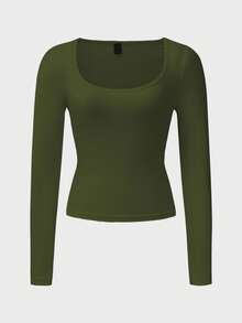 Zavorell Camiseta de manga larga de ajuste ceñido de unicolor casual para mujer - Verde militar - Ver 5
