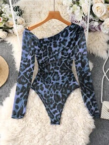 Franclia Bodysuit Lengan Panjang Berbahan Jala Transparan Motif Leopard untuk Wanita - Biru - View 7