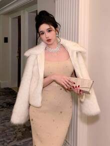 DAZY 女士毛绒领中长款外套，秋冬款 Y2k 夹克 - 米色 - 查看 4