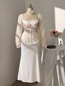 Sweetra Áo sơ mi tay dài vải jacquard chắp vá thanh lịch cỡ lớn - Màu be - Xem 6