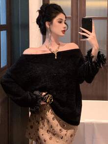 DAZY New Elegant Fluffy Patchwork Off Shoulder Women Sweater, Autumn/Winter - Black - View 5