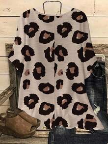 EMERY ROSE Casual Minimalist Leopard Print Loose Round Neck Long Sleeve Plus Size Shirt Suitable For Summer - Black - View 2