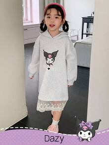 DAZY HELLO KITTY AND FRIENDS | SHEIN 少女针织连帽撞色蕾丝长袖羊毛连衣裙 - 淺灰色 - 查看 4