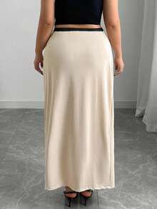 Elenzga Plus Size Knitted Patchwork Contrast Color Hem Slit Skirt For Women - Apricot - View 2