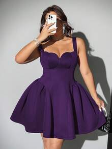 Viva Relle Plus Size Elegant Party Solid Color Heart Bust Strap Dress - Purple - View 1