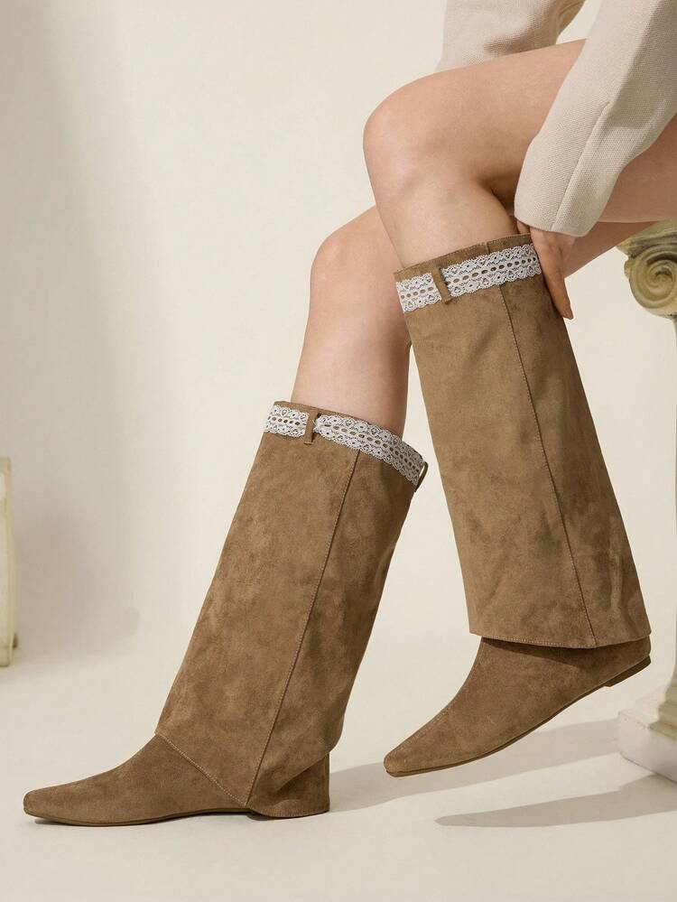 CUCCOO CHICEST Women's Fashionable Vintage Lace Trim Over-The-Knee Boots