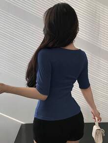 DAZY Fitted & Sexy V-Neck Women's T-Shirt, Spring/Summer - Navy Blue - View 4