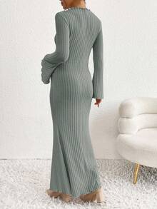 SHEIN 孕妇优雅纯色喇叭袖连衣裙 - 綠色 - 查看 2