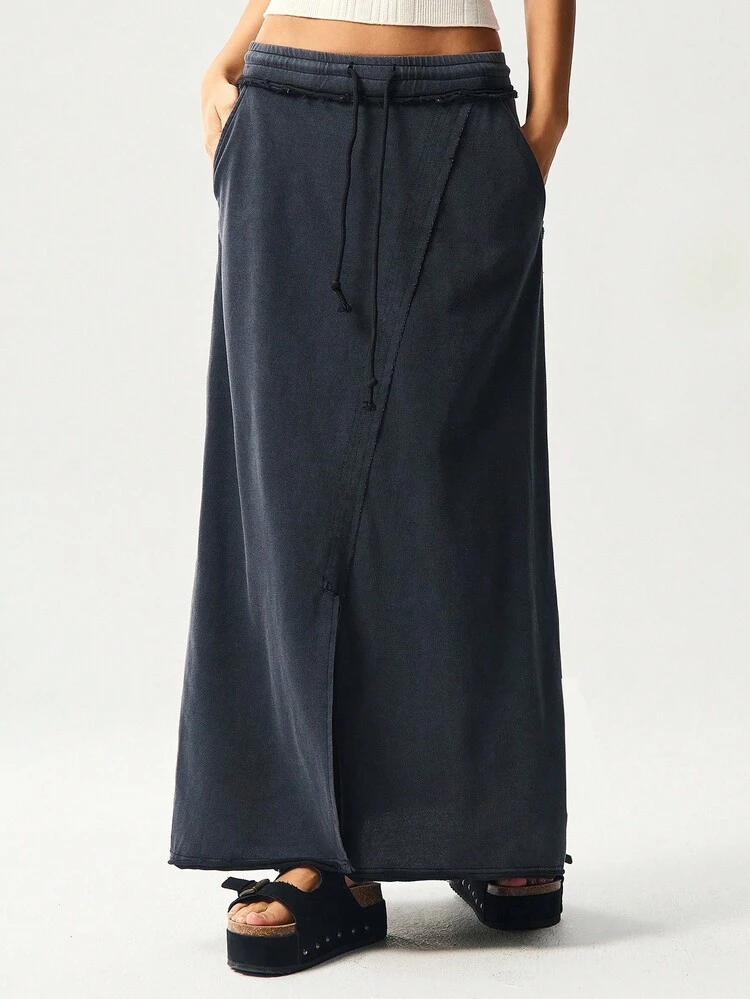 Bohemela Saia Justa de Malha de Cor Sólida Casual para Mulheres - Preto - Visão 1