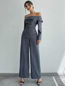 Firerie Novo conjunto feminino de blusa de manga comprida com ombros de fora e calças largas de chiffon floral azul-escuro, roupa sexy e elegante para o dia a dia/deslocamento, conjunto azul-escuro, primavera/verão, roupa de praia, deslocamento, elegante, sexy, traje de trabalho - Azul - Ver 9