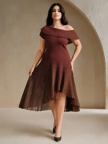 Anewsta Váy ôm vai lệch màu trơn viền bèo nhún cỡ lớn - Màu Tím - Xem 6