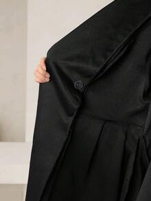 Modelyn 秋季大码女式纯色披肩领长袖口袋双排扣休闲夹克 - 黑色 - 查看 9