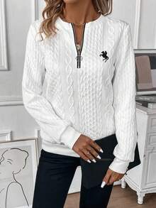 EMERY ROSE Women's Casual Retro Half-Zip Front Crew Neck Sweatshirt,Fall Winter White