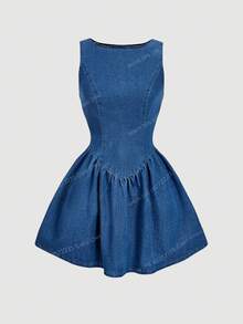 SHEIN MOD 女式夏季时尚束腰荷叶边下摆无袖牛仔连衣裙 - 藍色 - 查看 1