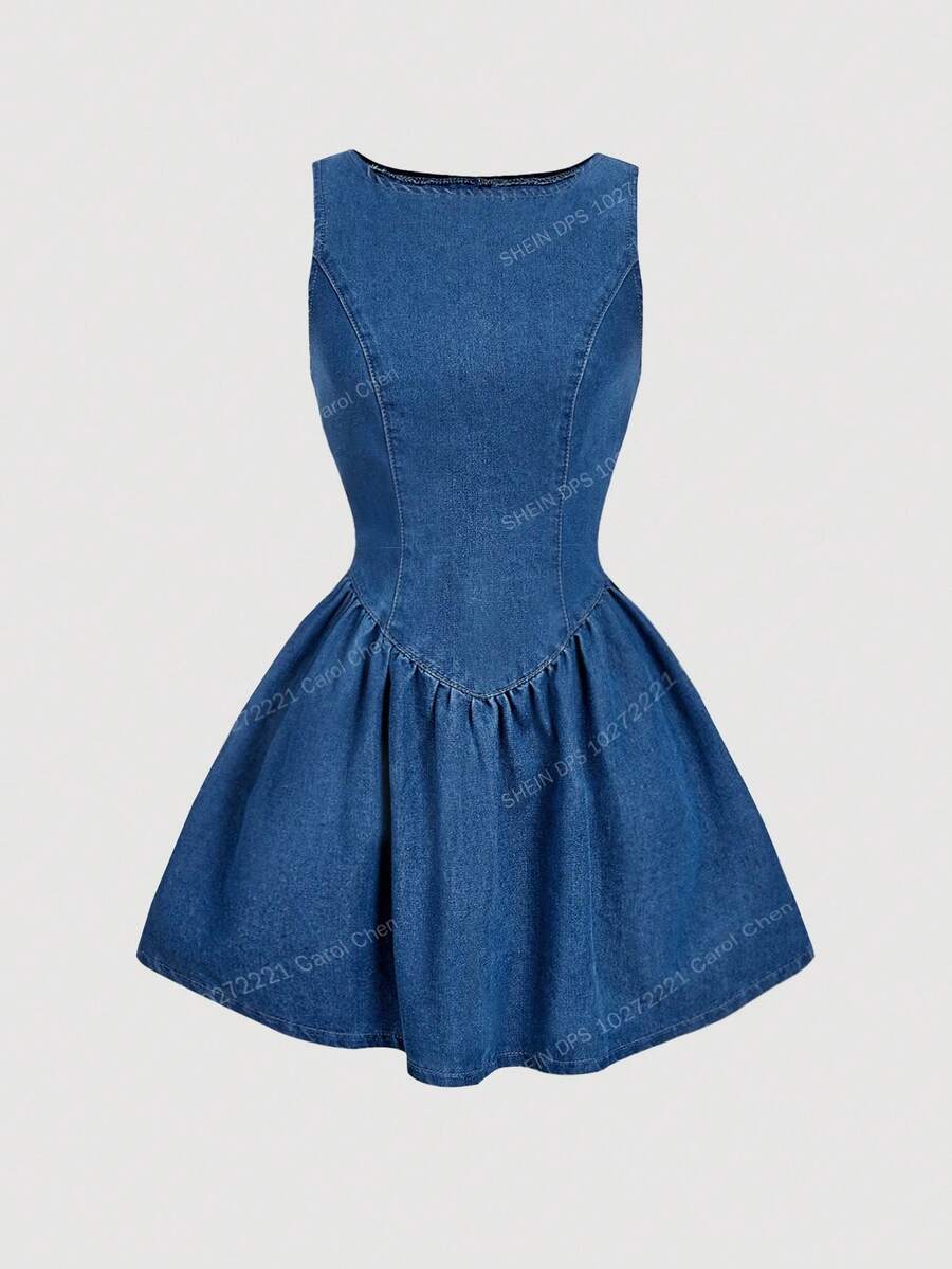 SHEIN MOD 女式夏季时尚束腰荷叶边下摆无袖牛仔连衣裙 - 藍色 - 查看 1