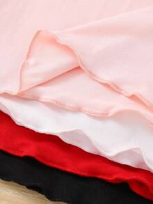 SHEIN LMoss Kids LMoss Young Girl 4pcs/Set Mock Neck Lettuce Trim Knit Fabric Tee, Versatile, Great For Casual Daily Wear & School Daily In Autumn & Winter Fall - Red - View 3