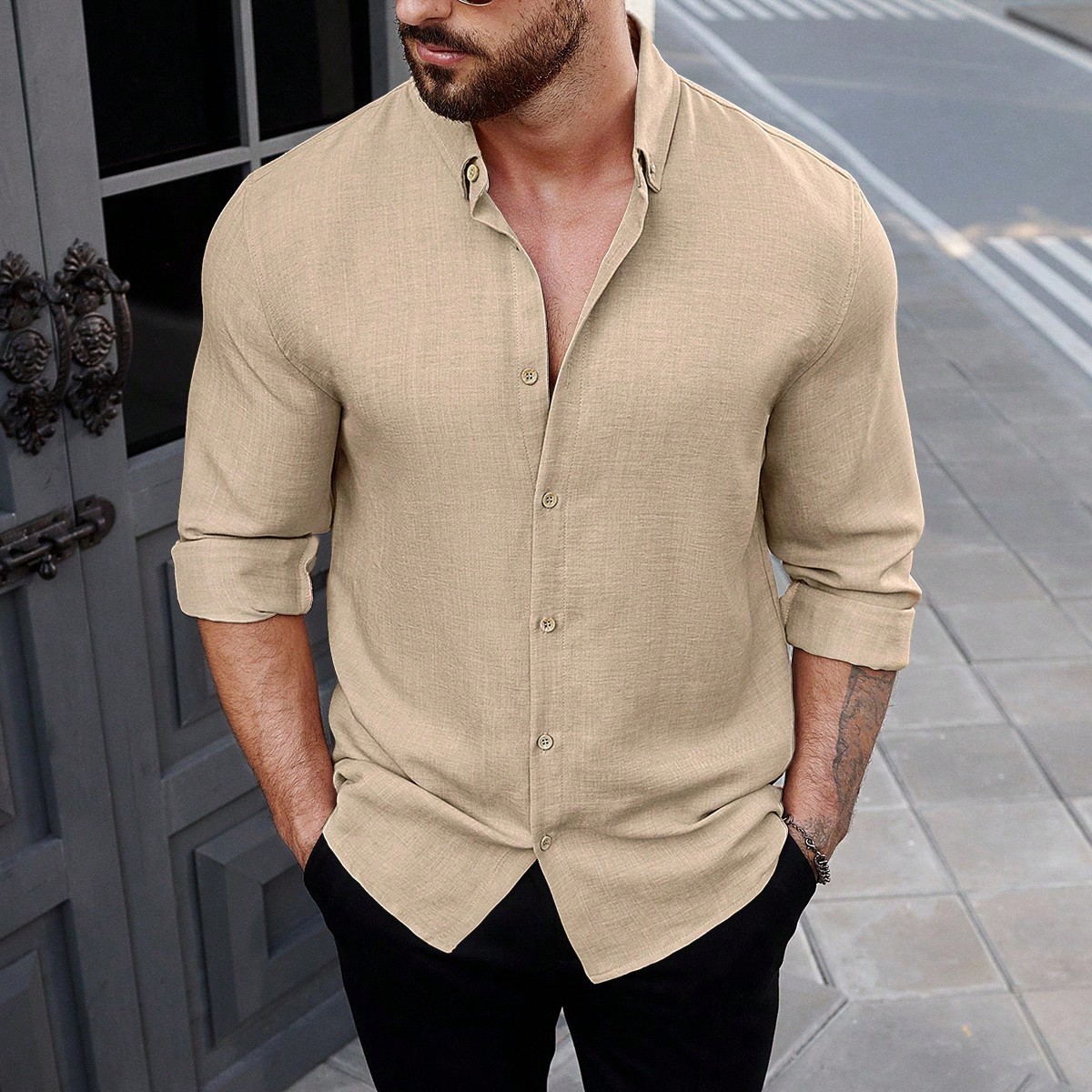 Camisa de manga larga de unicolor y estilo urbano con botones para hombre, para el esposo