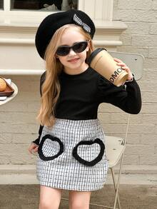 SHEIN Elladie kids 2pcs/Set Young Girls Cute Black Lantern Sleeve Comfortable Black Basic Top Paired With Adorable Heart-Patterned White Plaid Skirt Fall Winter - Black - View 6