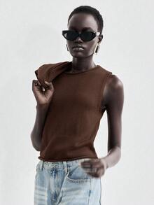 Lumivelle 2 件针织长袖开衫和无袖针织背心套装，百搭 - 棕色 - 查看 6