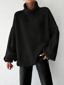 EURMUSE Turtleneck Drop Shoulder Ribbed Knit Sweater - Black - View 4