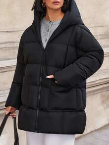 EURMUSE Damen Einfarbiger Kapuzenparka mit Taschenverzierung, Lässig Wintermantel - Dunkelgrau - Übersicht 6