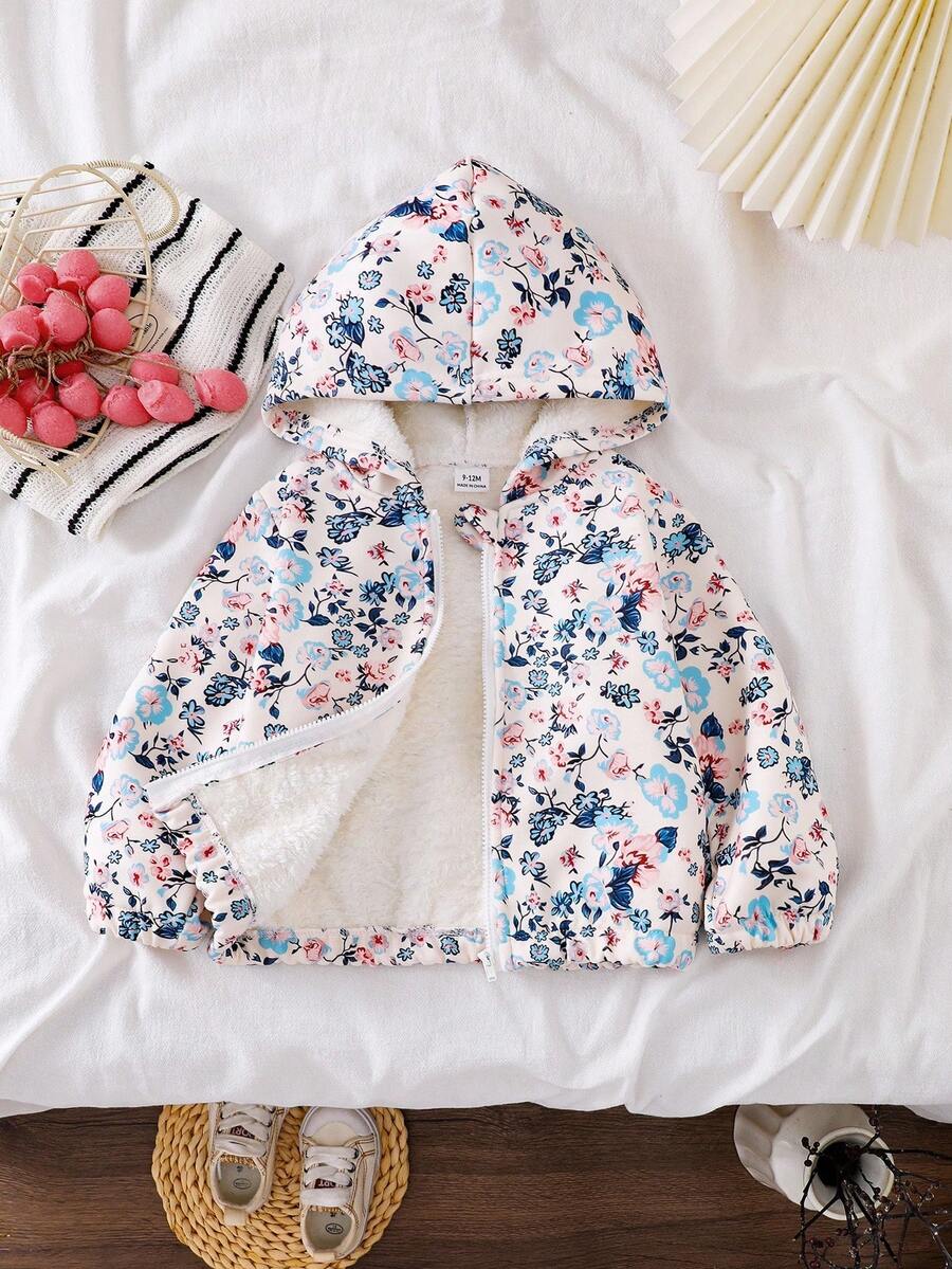 SHEIN Áo khoác len cardigan dài tay in họa tiết hoa ấm áp cho bé gái, thoải mái, có khóa kéo phía trước, phù hợp cho mùa đông - Màu Khaki - Xem 1