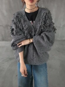 FRIFUL Women's V-Neck Jacquard Tassel Loose Casual Cardigan - Camel - View 5