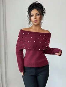 Elenzga Femmes Élégant Doux Perles Épaules Dénudées Col Roulé Chandail Avec Design Écharpe Drapée, Convient Pour Noël, Nouvel An, Cadeaux d'Action de Grâce, Automne/Hiver - Rouge foncé - Voir 4