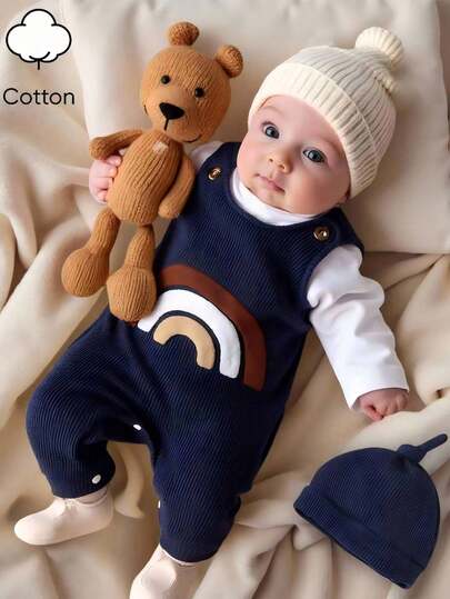 SHEIN Newborn Male Baby White Long Sleeved Shirt Paired With Navy Blue Sleeveless Rainbow Embroidered Jumpsuit And Hat, Autumn New Fabric Comfortable And Innovative Style Fall Winter