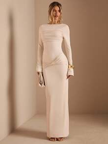 SHEIN BAE 杏色长袖针织褶皱腰部扭结下摆直筒连衣裙，优雅连衣裙，约会连衣裙，伴娘礼服，生日派对连衣裙，杏色连衣裙，秋冬叠穿连衣裙，婚礼宾客连衣裙，女士优雅连衣裙，棕色连衣裙，万圣节，圣诞节连衣裙 - 杏色 - 查看 4