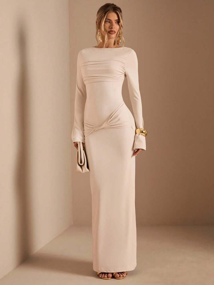 SHEIN BAE Apricot Long Sleeve Knitted Ruched Waist Twist Hem Straight Dress, Elegant Dress, Date Dress, Bridesmaid Dress, Birthday Party Dress, Apricot Color Dress, Autumn/Winter Layering Dress,Wedding Guest Dress,Elegant Dresses For Women,Brown Dress,Valentine's Day,Valentine Outfits For Women - Apricot - View 4