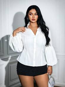 Viva Relle Plus Size White Women's Shirt,Silky Elegant Lantern Sleeve Stand Collar Cinched Waist Casual Blouse,Autumn Dinner Versatile Poet Blouse - White - View 1