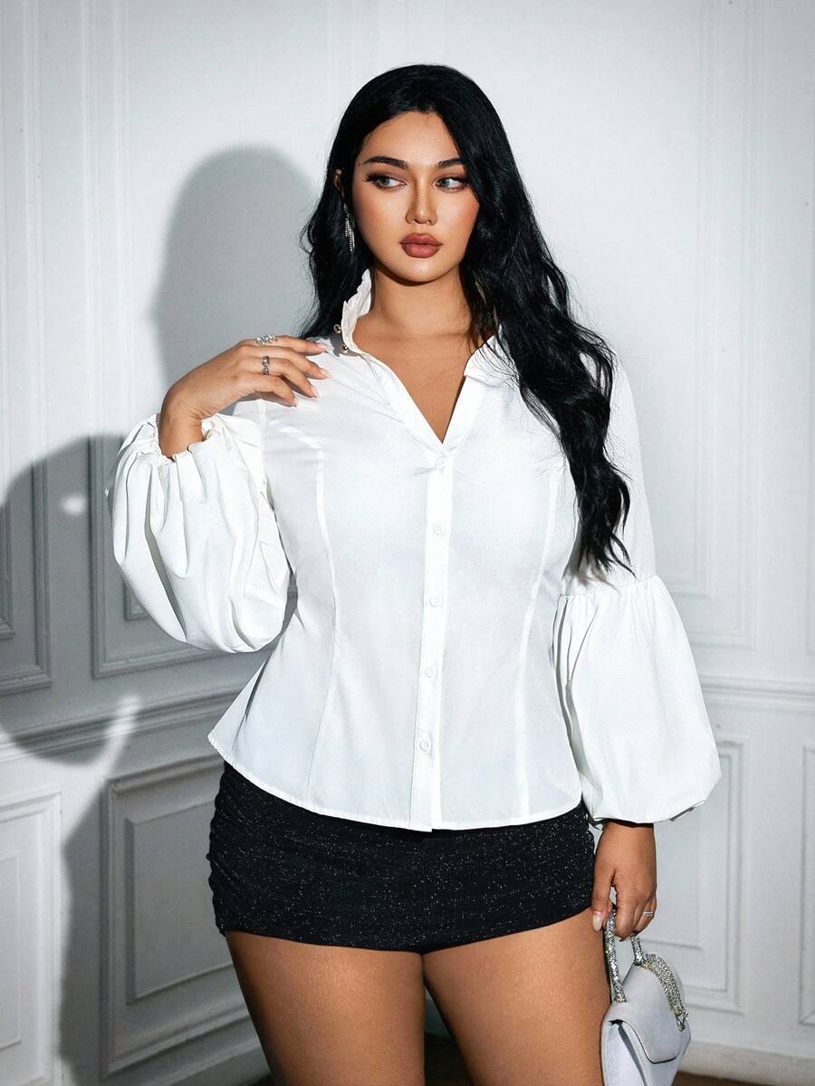 Viva Relle Plus Size White Women's Shirt,Silky Elegant Lantern Sleeve Stand Collar Cinched Waist Casual Blouse,Autumn Dinner Versatile Poet Blouse - White - View 1