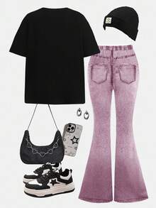 SHEIN Leap Crew Bộ 2 áo thun cổ tròn tay ngắn in hình trái tim và mặt cười thoải mái cho bé gái tuổi teen và quần ống loe, phù hợp cho mùa hè, mặc ở nhà, đi chơi, chụp ảnh đường phố, đi học - Nhiều màu - Xem 4