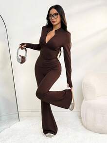 SHEIN PETITE 2件套女士纯色修身长袖上衣和裤子套装 - 咖啡棕 - 查看 4