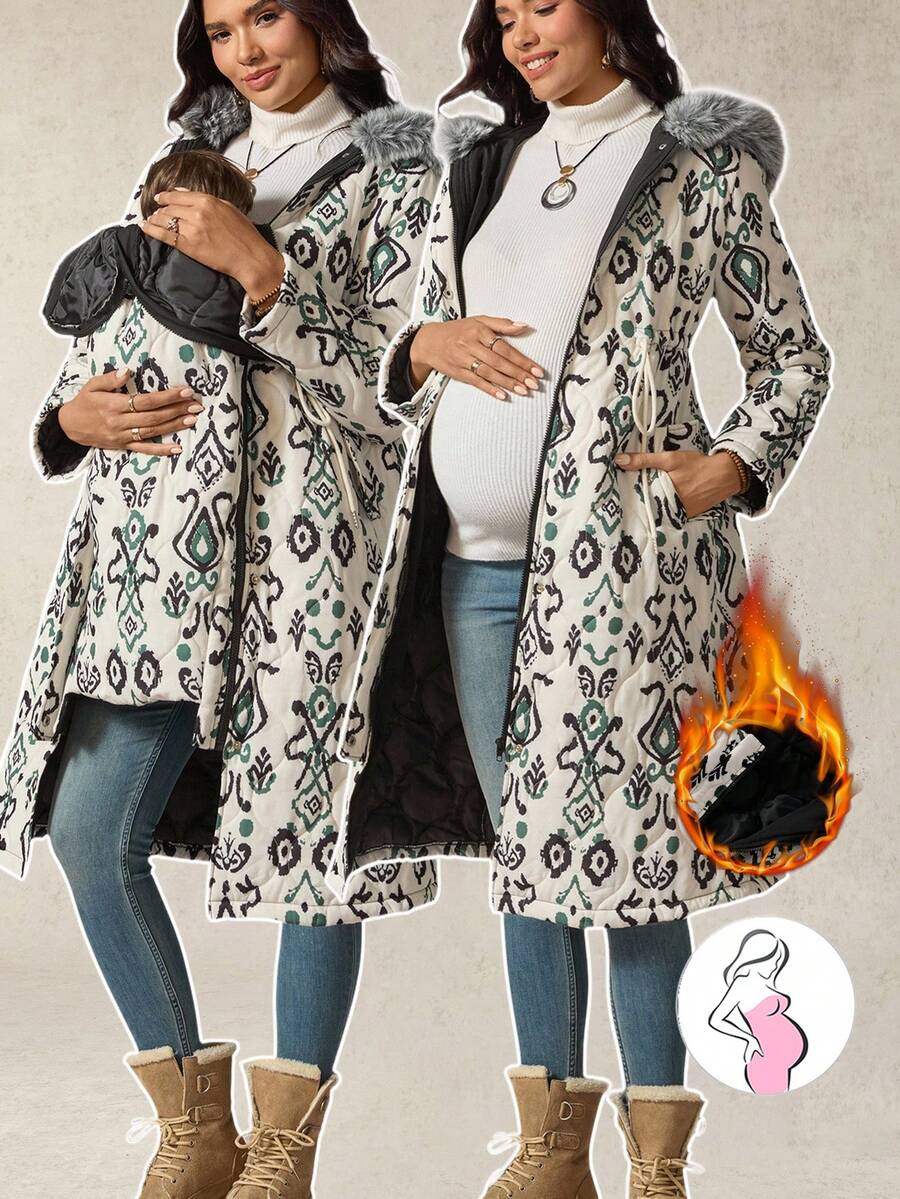 Boho Mama 孕妇简约印花多功能长袖三合一夹克 - 黑色 - 查看 1